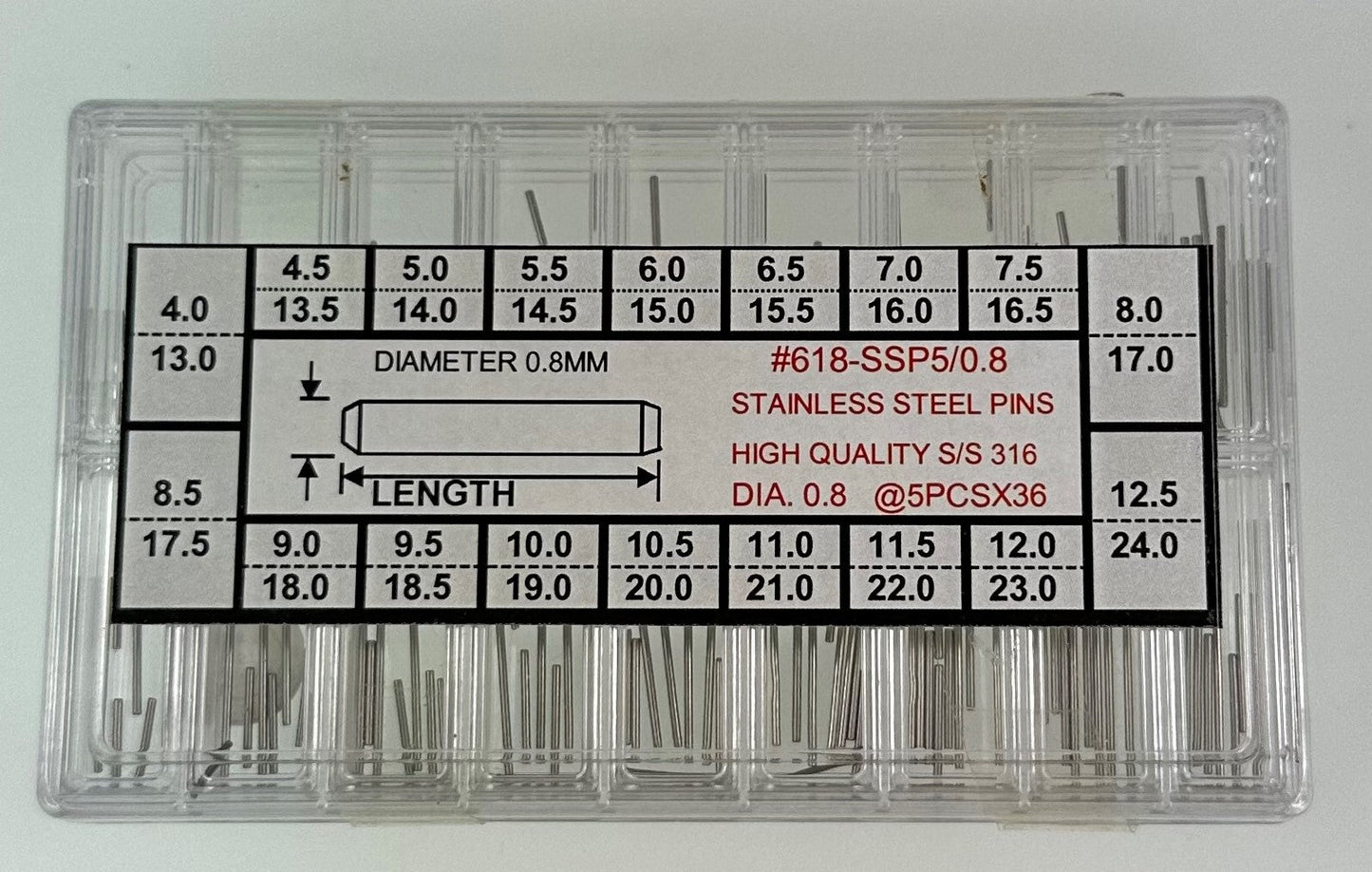 S/S PINS KIT DIA 0.8MM-180 IN STANDARD BOX
