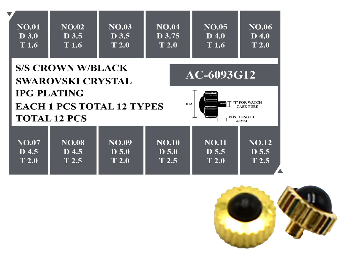 IPG S/S CROWN W/BLACK STONE KIT–12 PCS SET