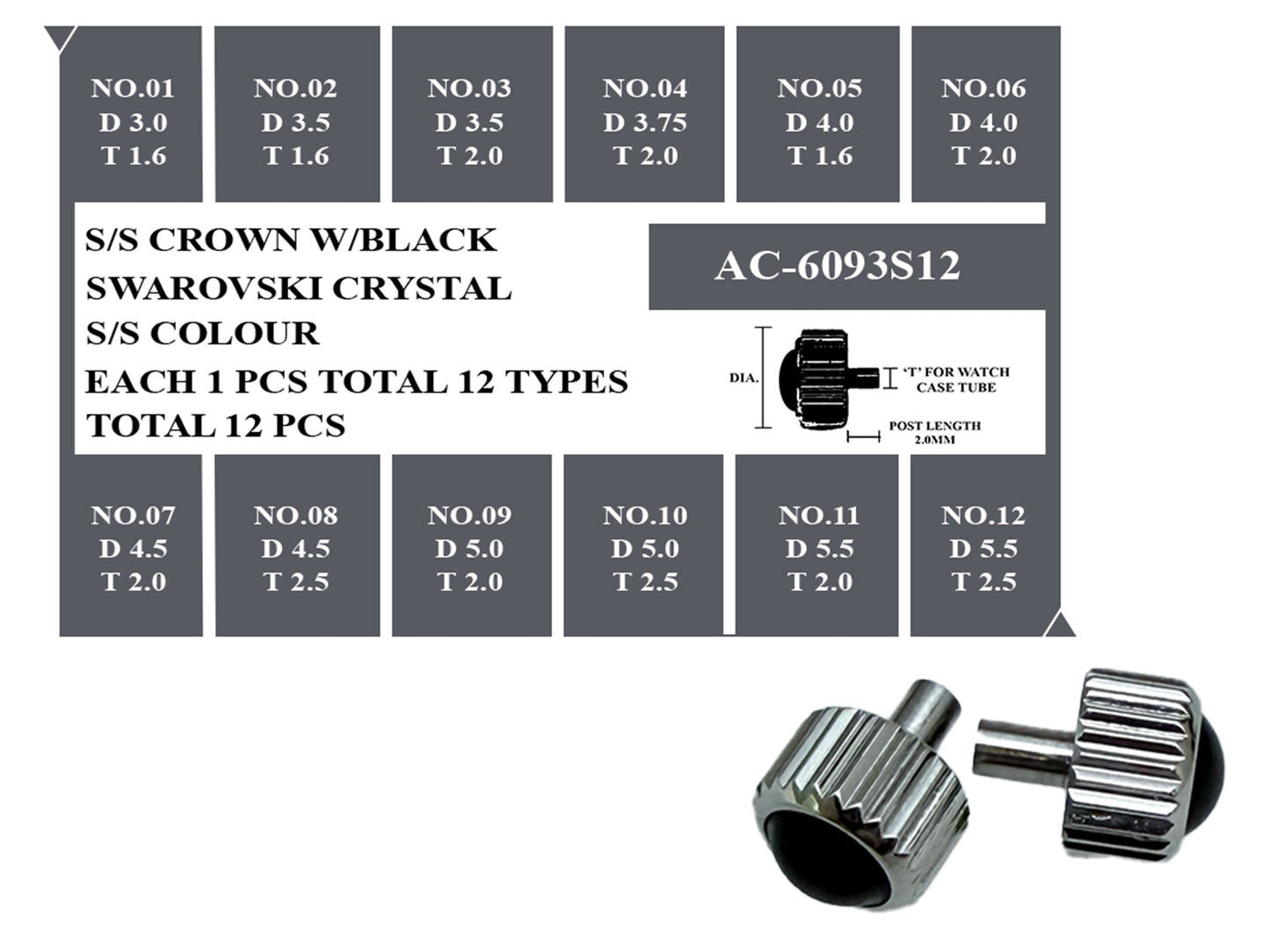 S/S CROWN W/BLACK STONE KIT – 12 PCS SET