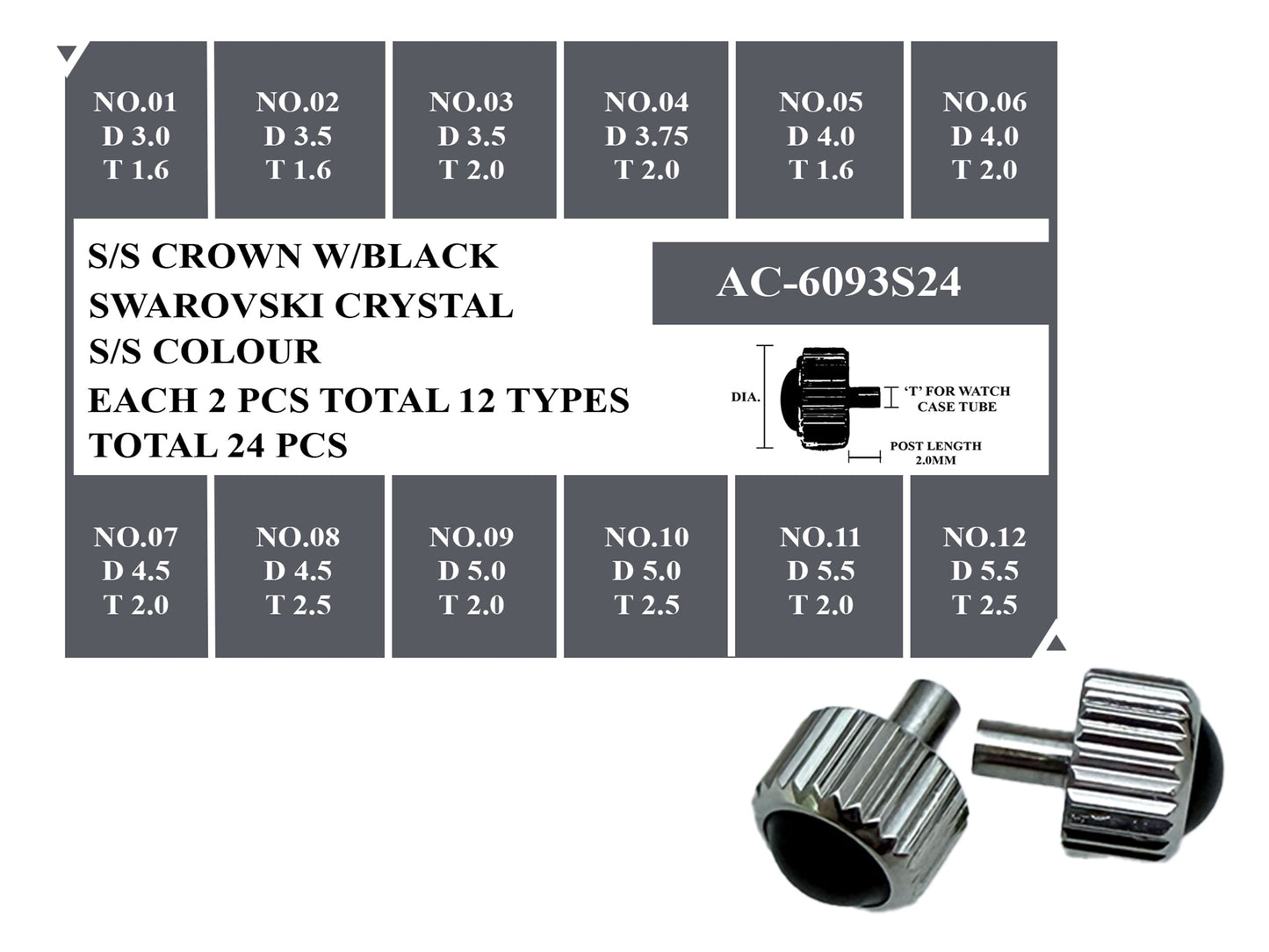 S/S CROWN W/BLACK STONE KIT – 24 PCS SET