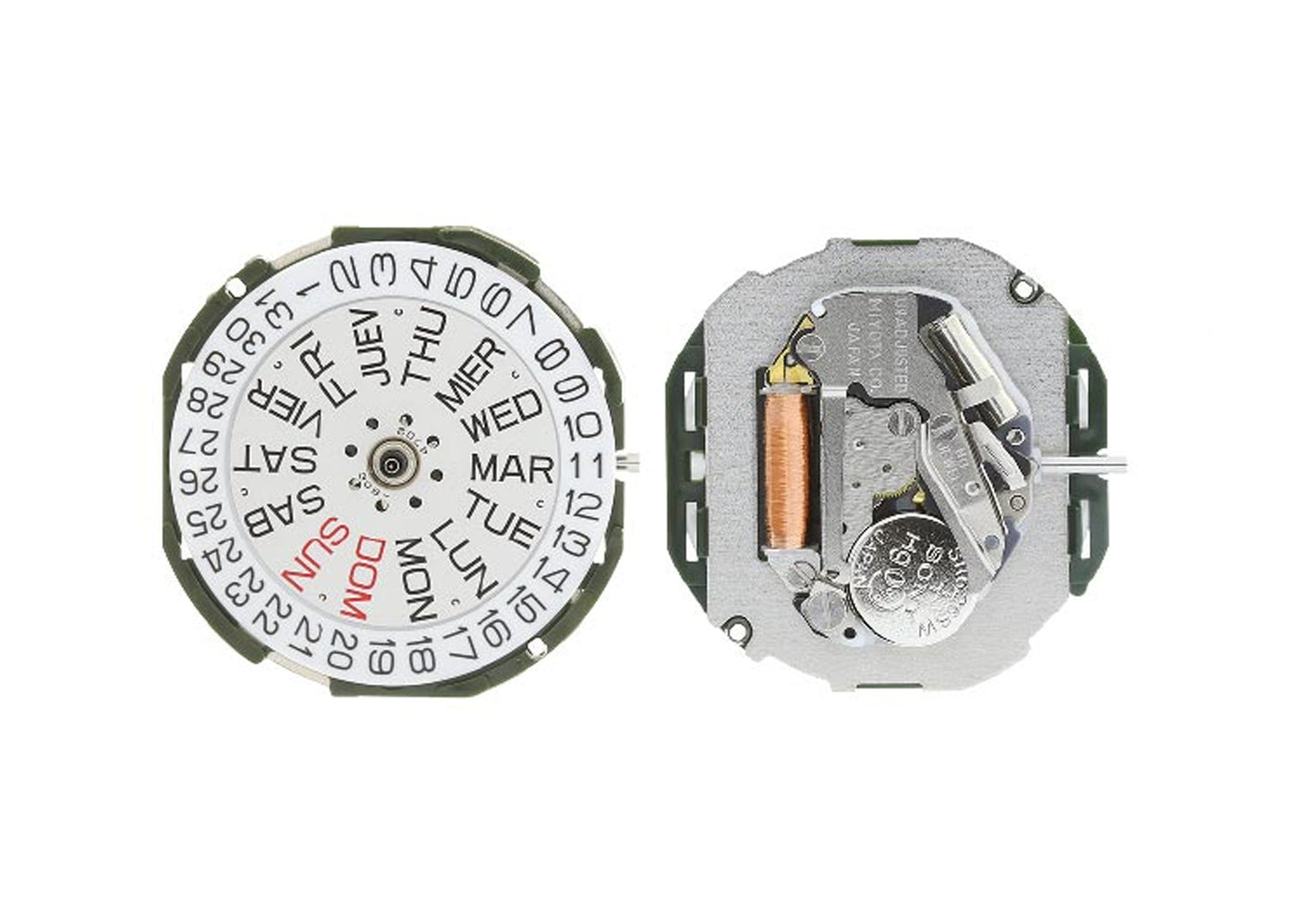 MOVEMENT MIYOTA 2105, SIZE 10 1/2''', 3 HANDS, STANDARD HAND HEIGHT, DATE AT 6 DAY AT 6