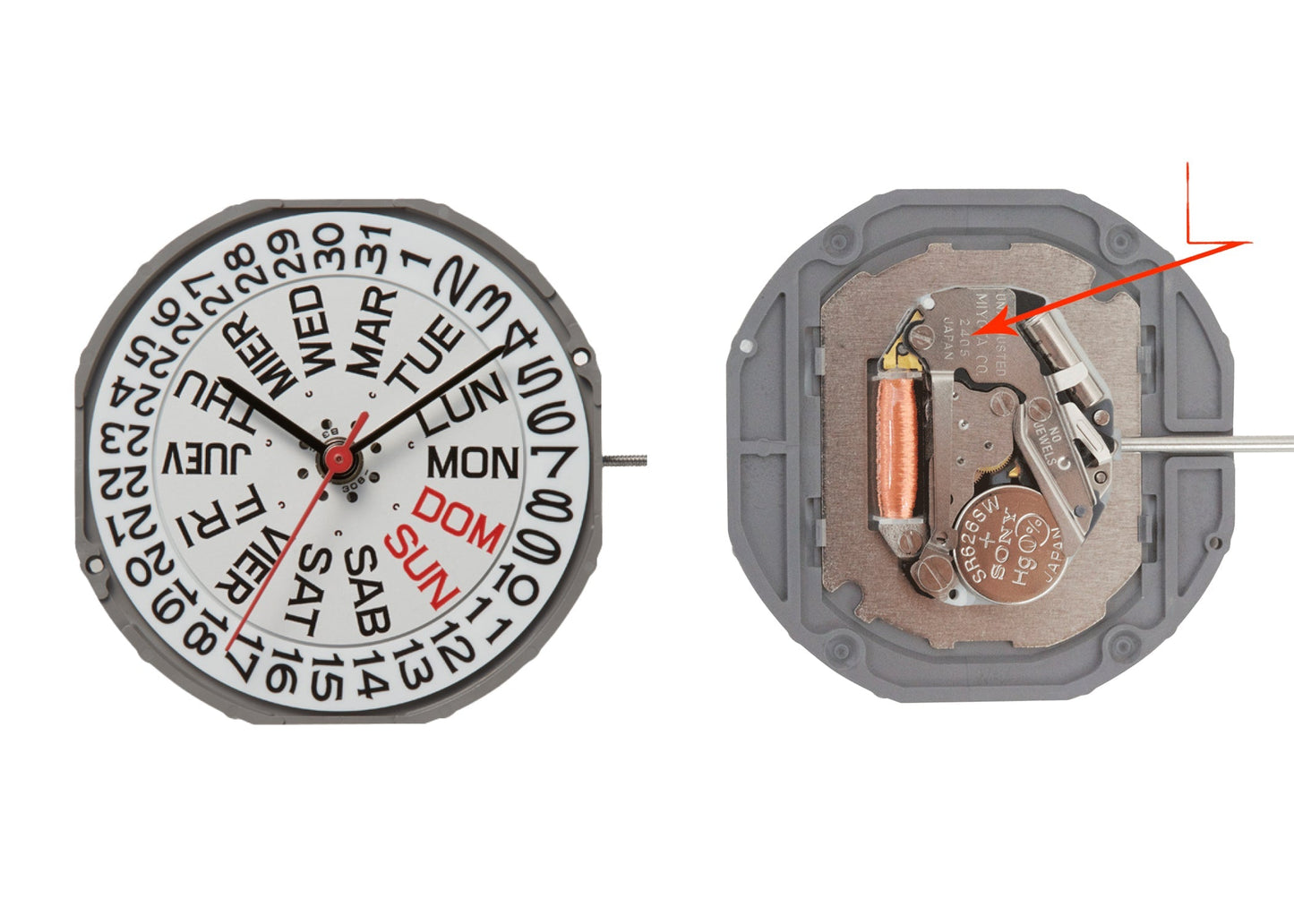MOVEMENT MIYOTA 2405, SIZE 13 1/2''', 3 HANDS, STANDARD HAND HEIGHT, DATE AT 3 DAY AT 3