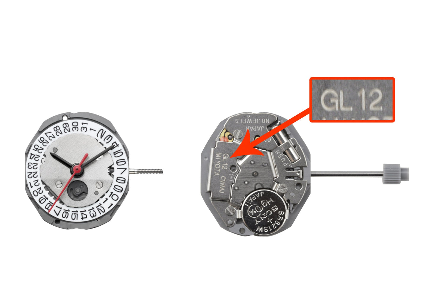 MOVEMENT MIYOTA GL12, SIZE 6 3/4''' x 8''', 3 HANDS, STANDARD HAND HEIGHT, DATE AT 6