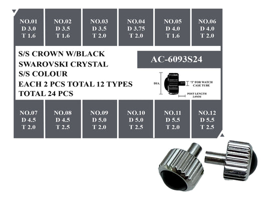 S/S CROWN W/BLACK STONE KIT – 24 PCS SET