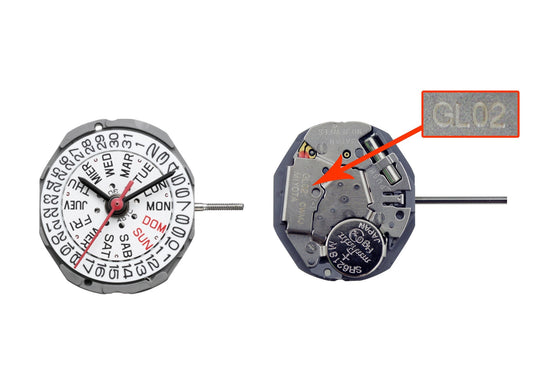 MOVEMENT MIYOTA GL02, SIZE 6 3/4''' x 8''', 3 HANDS, STANDARD HAND HEIGHT, DATE AT 3 DAY AT 3