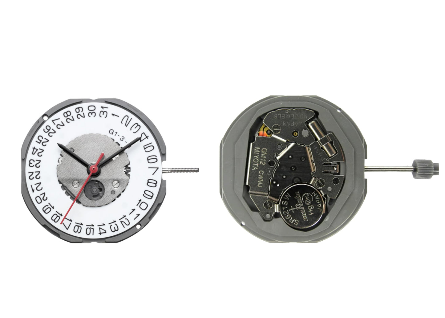 MOVEMENT MIYOTA GM12, SIZE 10 1/2''', 3 HANDS, STANDARD HAND HEIGHT, DATE AT 3