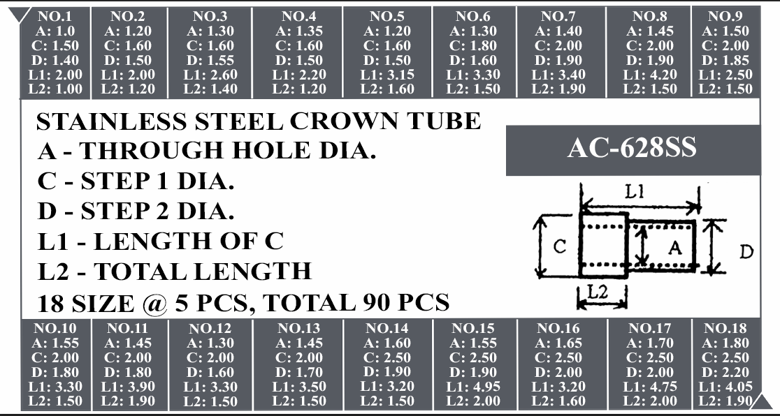 S/S CROWN TUBE KIT 1 & 2 STEPS -90PCS