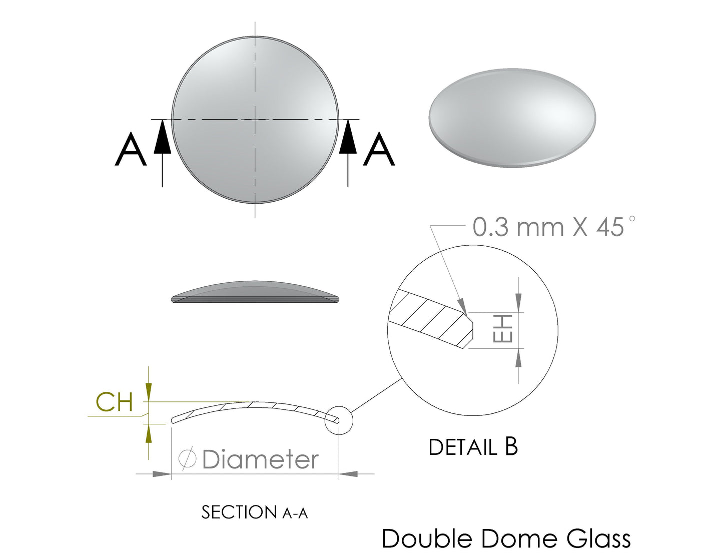 Double Dome Round Mineral Glass (5 Pcs), 1.2 mm Thick, Center Height 3.4 mm, Edge Height 1.2 mm - 30.0 mm to 35.0 mm